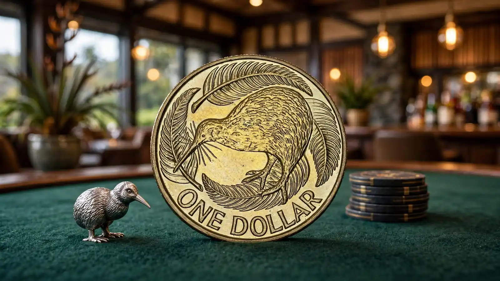 New Zealand one-dollar coin on a casino table with chips and a kiwi figurine