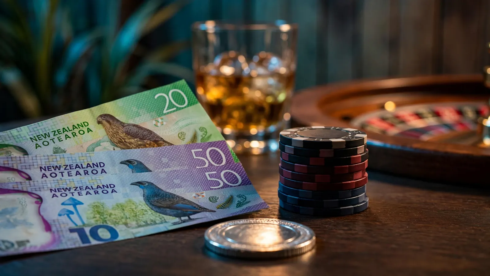 NZ dollar banknotes and casino chips on a dark wooden table with a roulette wheel