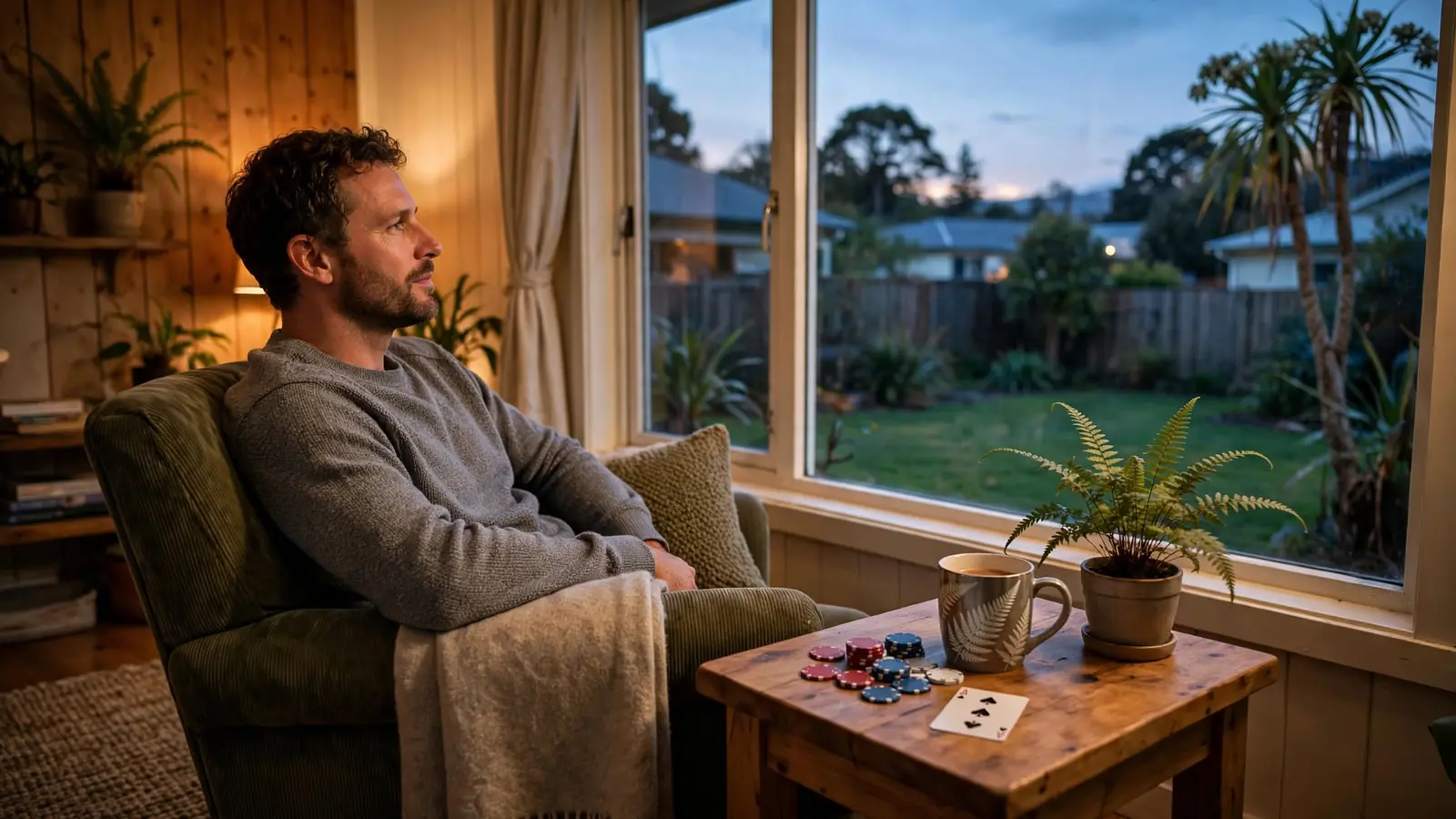 Relaxed New Zealand player beside casino chips and a fern mug at dusk