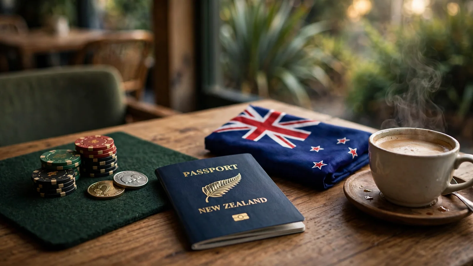 Casino chips, coins, New Zealand flag, and coffee on a café table