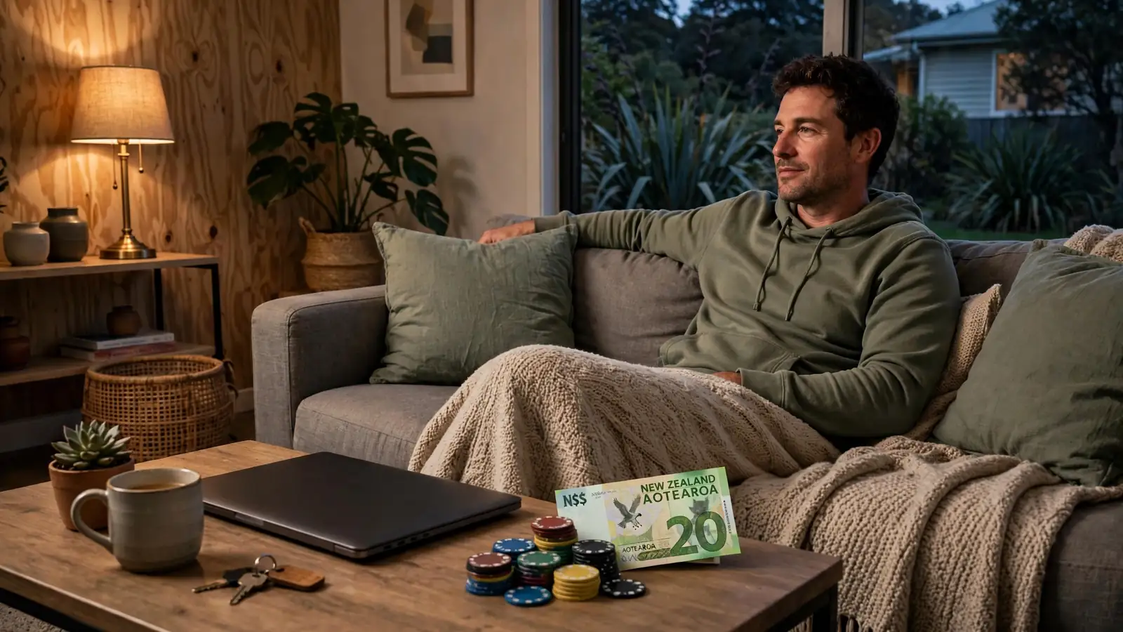 New Zealand player relaxing with small stack of chips and a twenty dollar note on table
