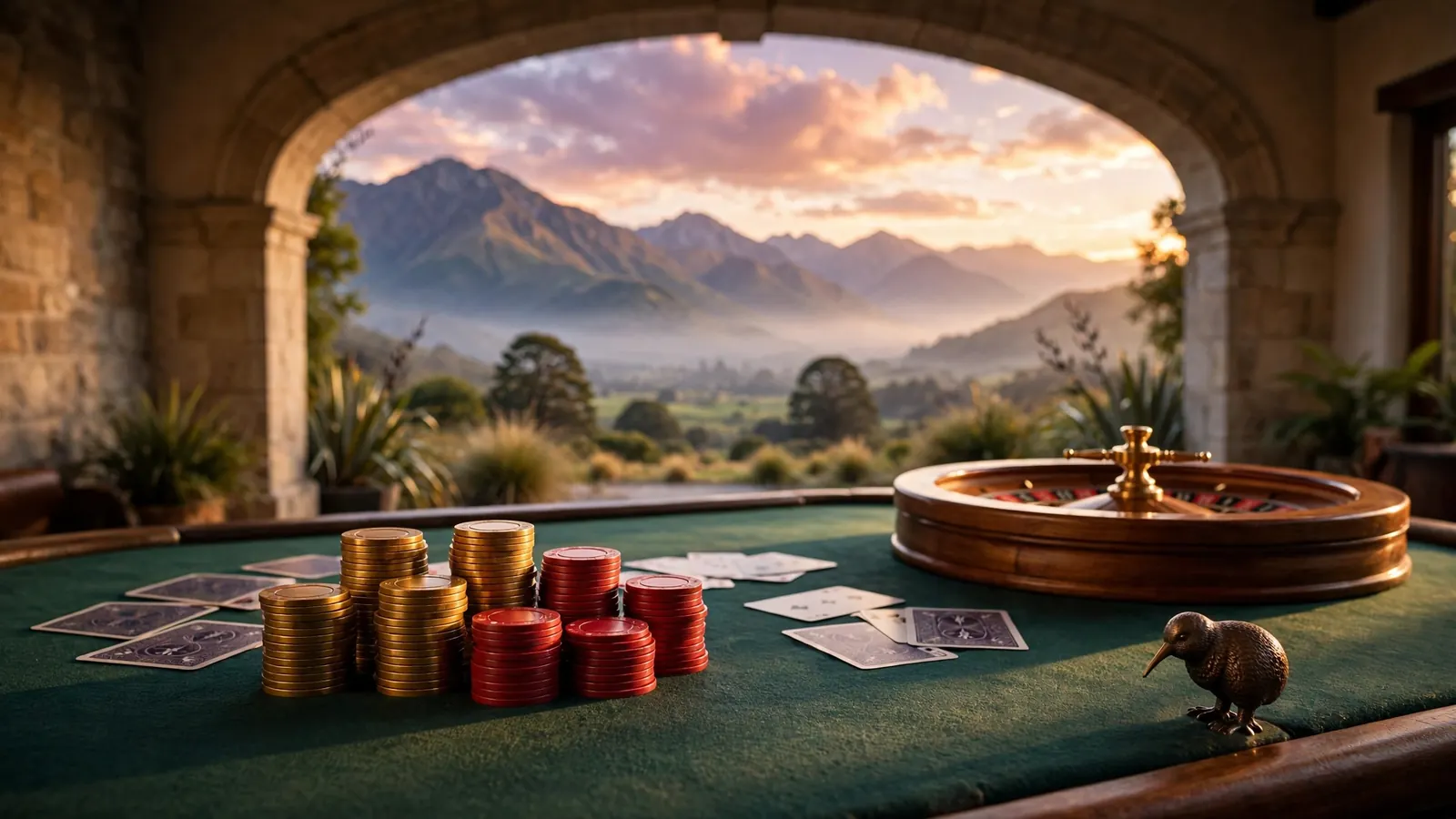Casino chips, playing cards and a roulette wheel on a table with New Zealand mountains beyond.