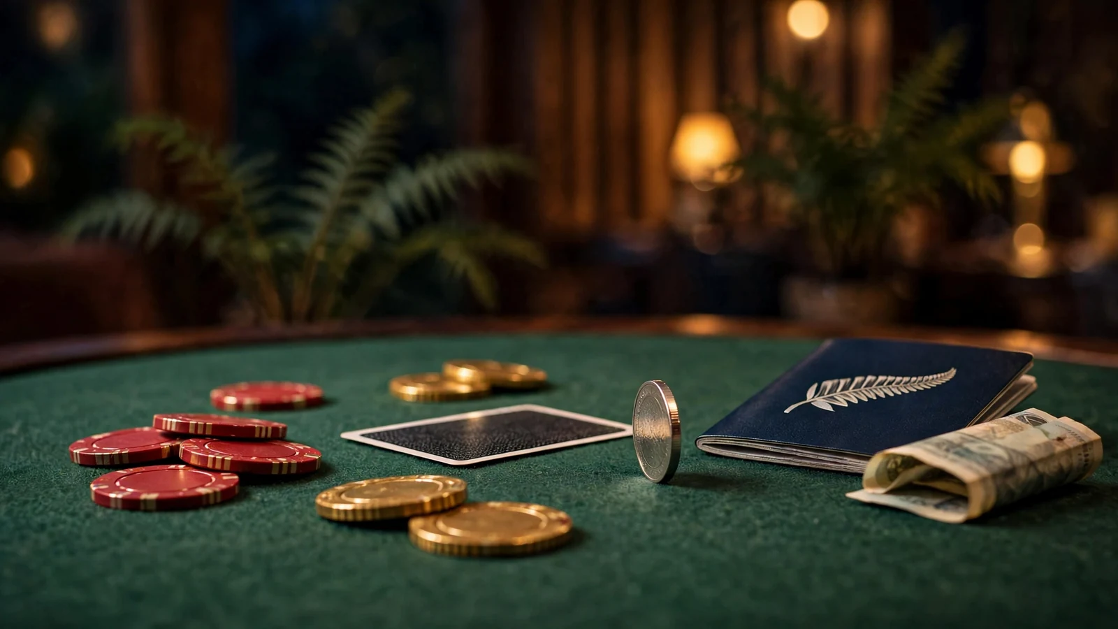 Casino chips, card, and NZ currency on a felt table