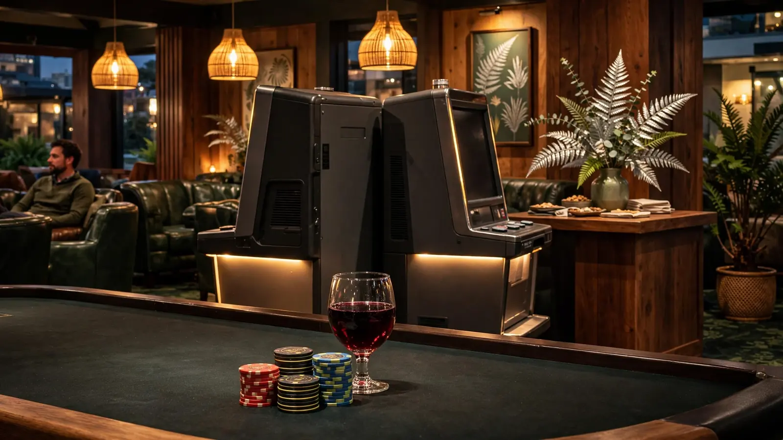 Cozy casino lounge interior with pokie machines and New Zealand themed decor.