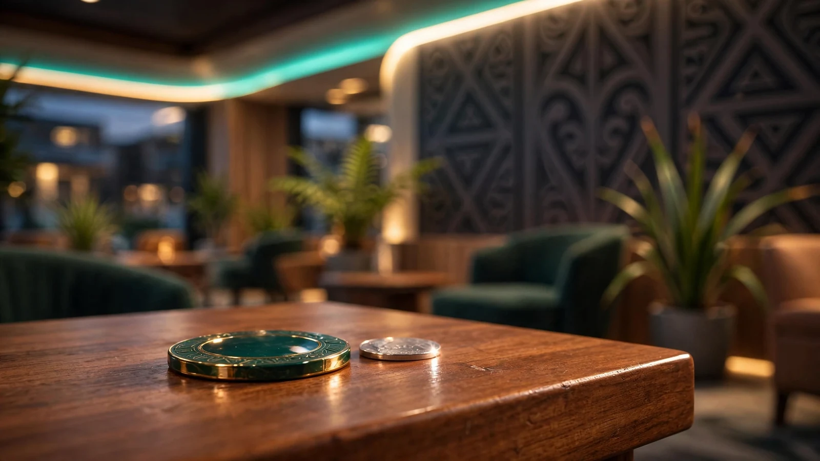 Casino chip and coin on a wooden table inside a New Zealand casino lounge