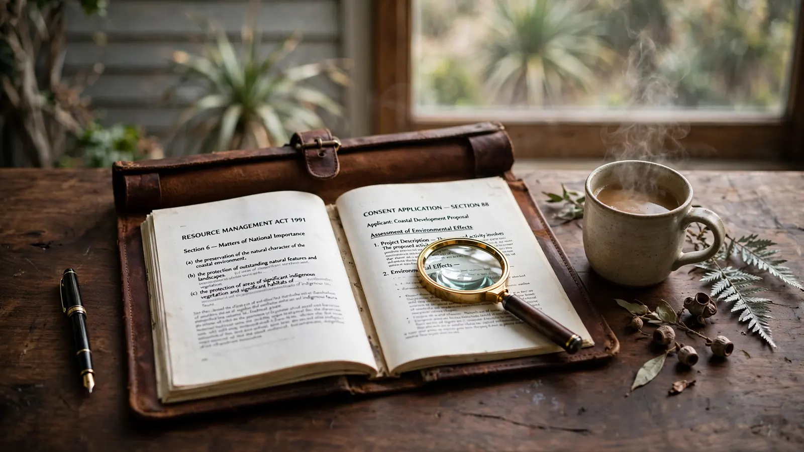 Magnifying glass over regulatory documents on a desk with a New Zealand flag pin