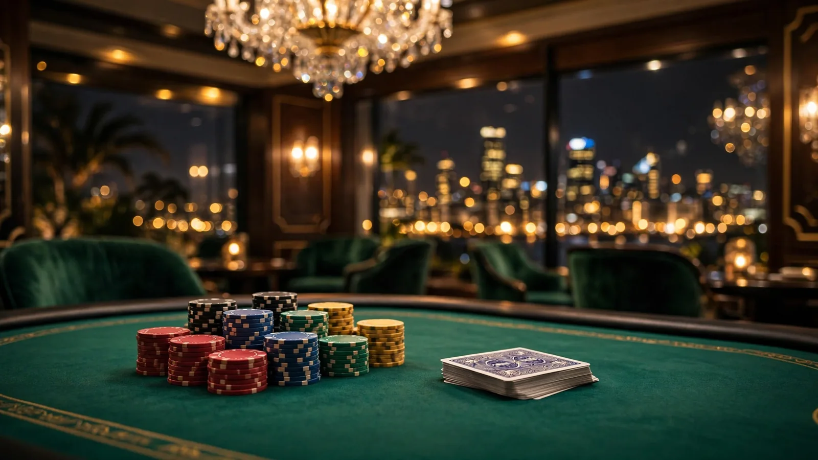 Elegant baccarat casino table with chips and cards in a New Zealand luxury lounge