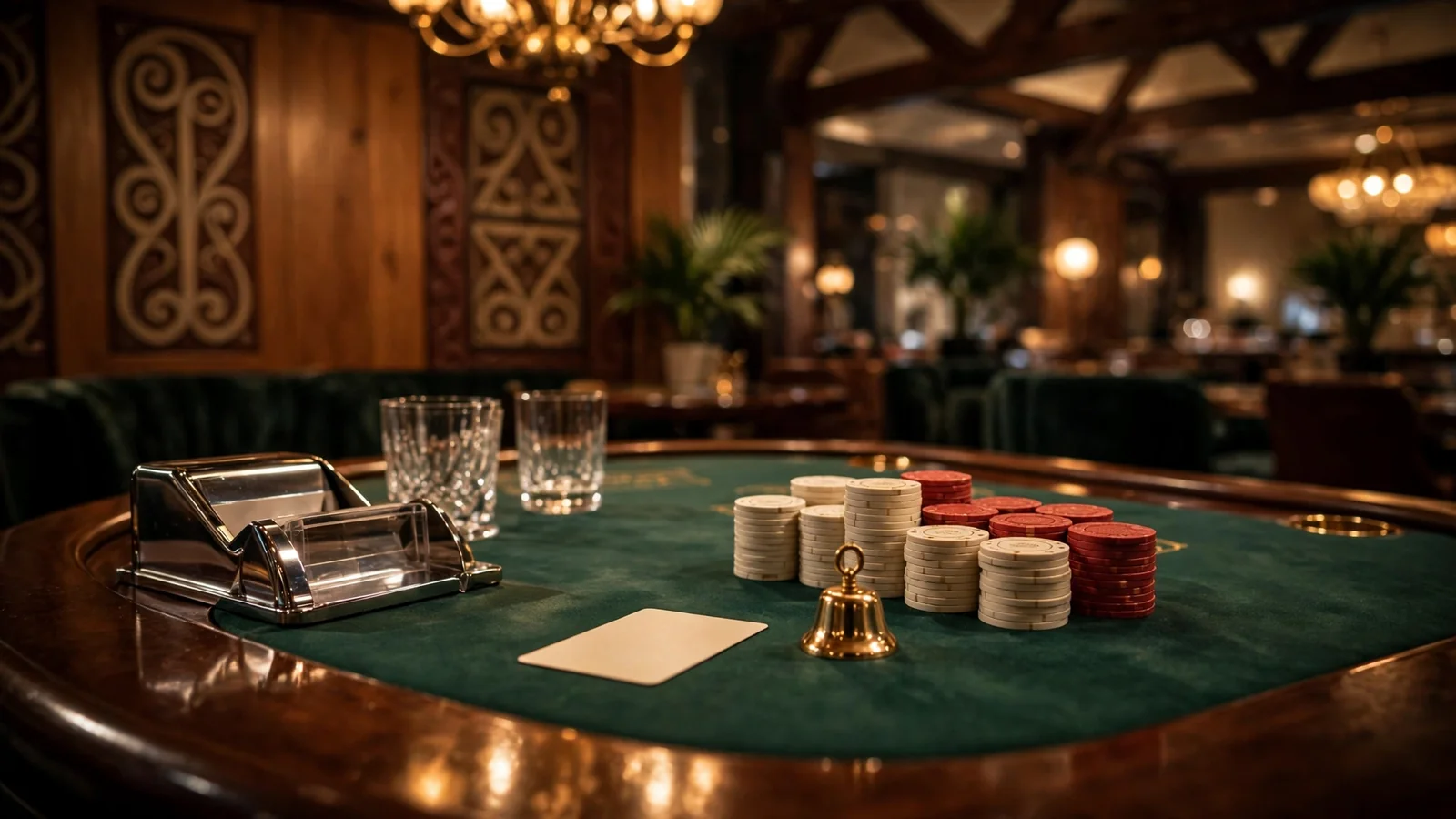 Elegant baccarat table in a New Zealand casino with chips and card shoe