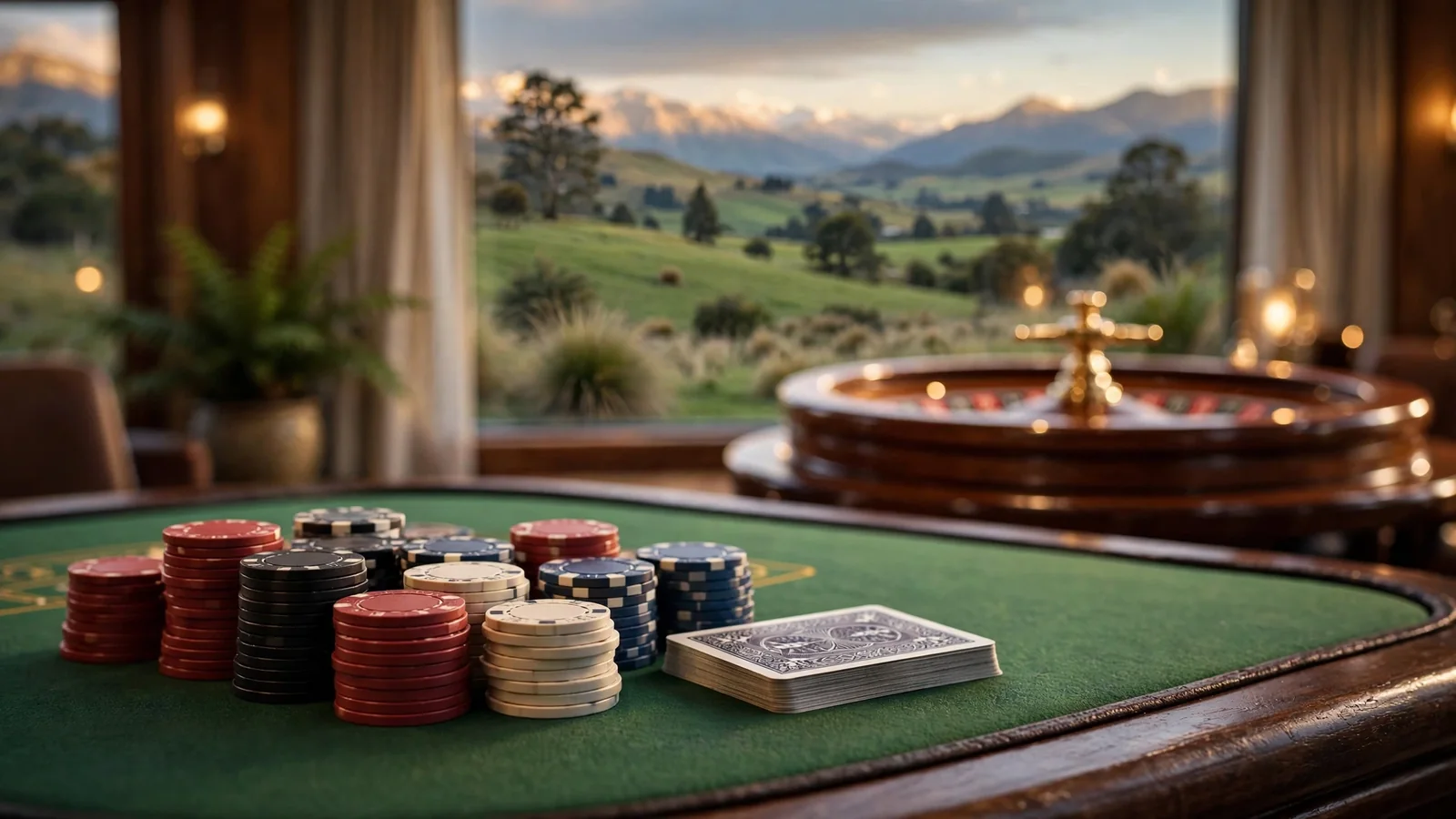 Elegant baccarat table with chips and cards, New Zealand landscape in background