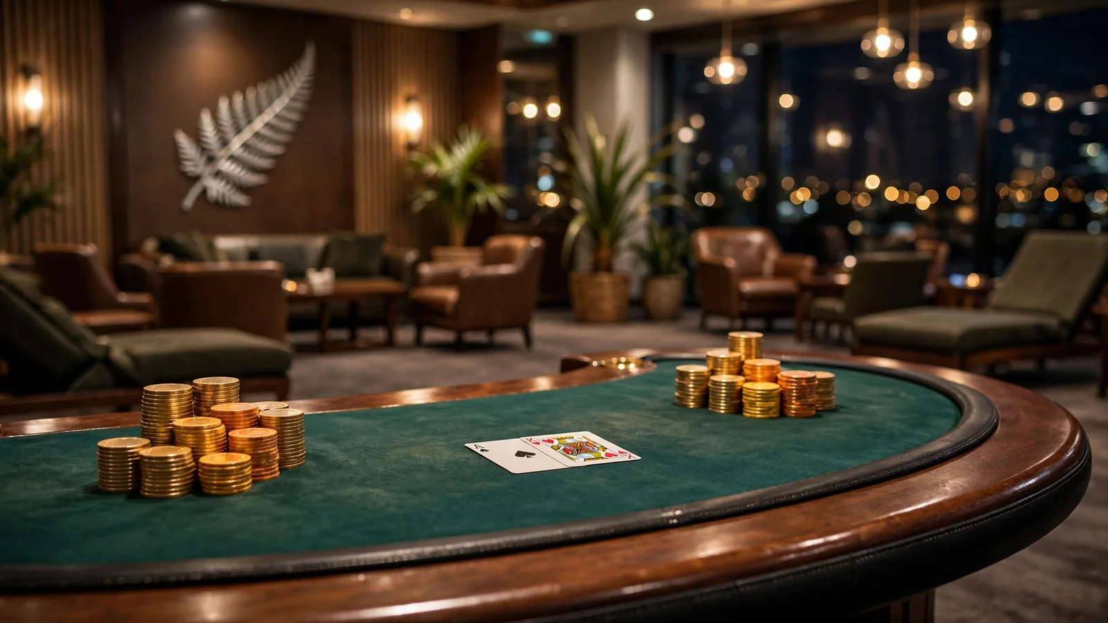 Empty blackjack table with chips and cards in a New Zealand casino lounge