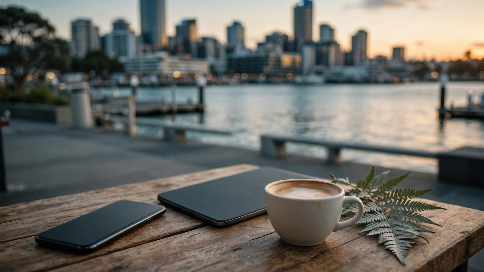 Smartphone and tablet on Auckland café table at sunset with harbour view