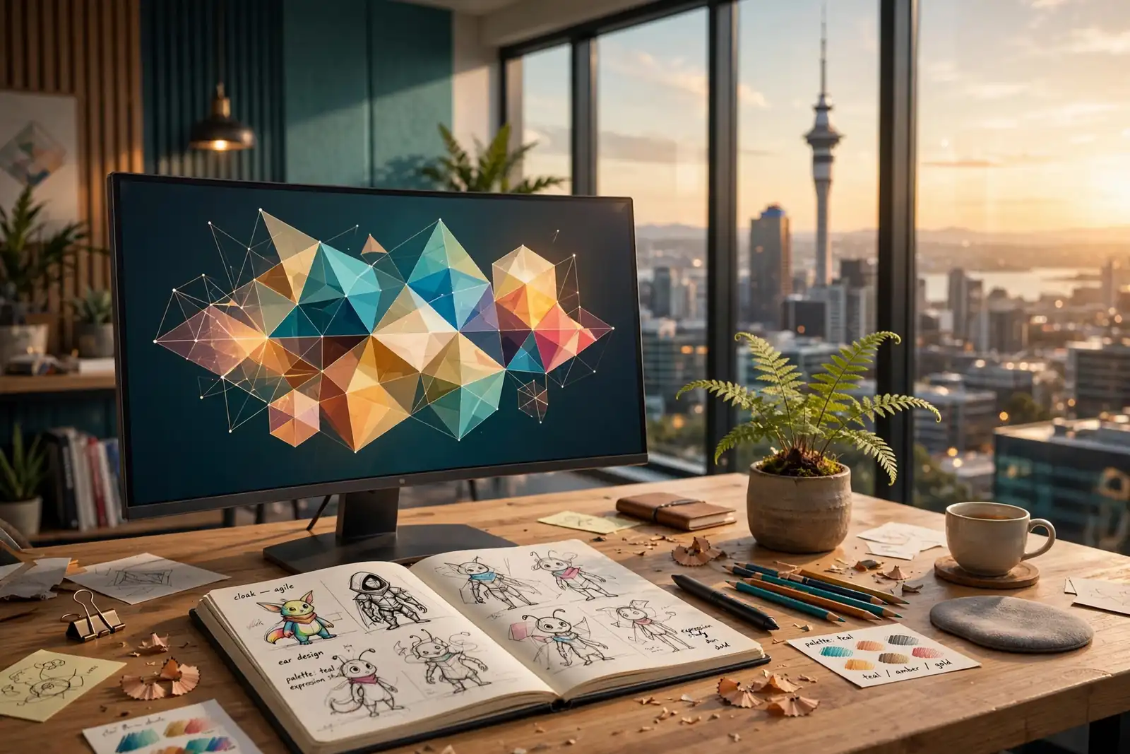 New Zealand game studio workspace with creative tools and Auckland skyline