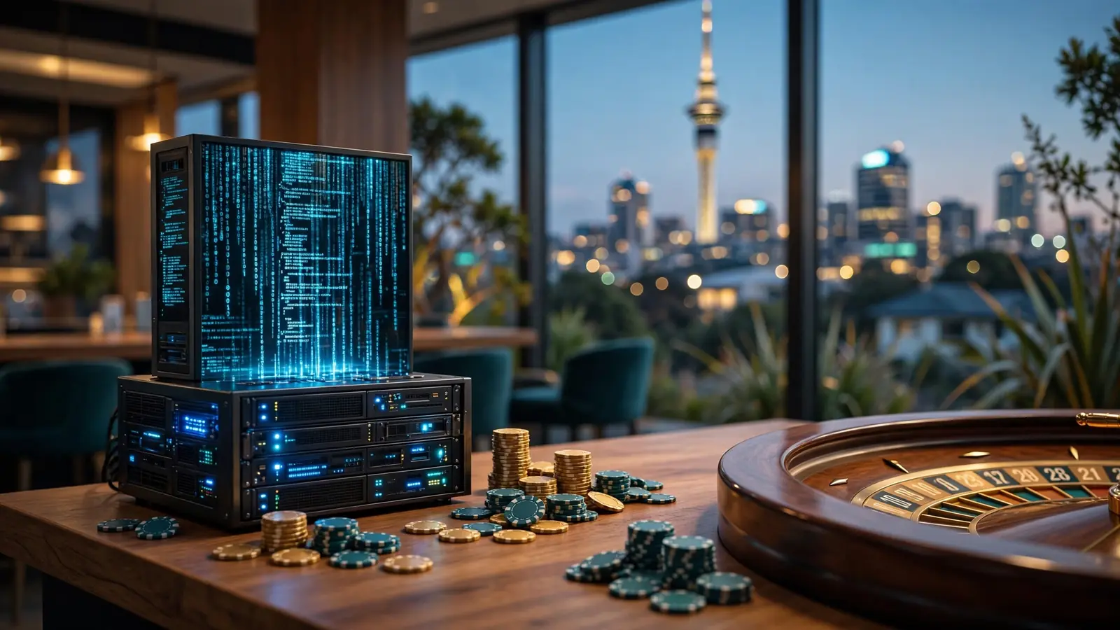 Digital casino software concept merged with New Zealand cityscape and gaming props.