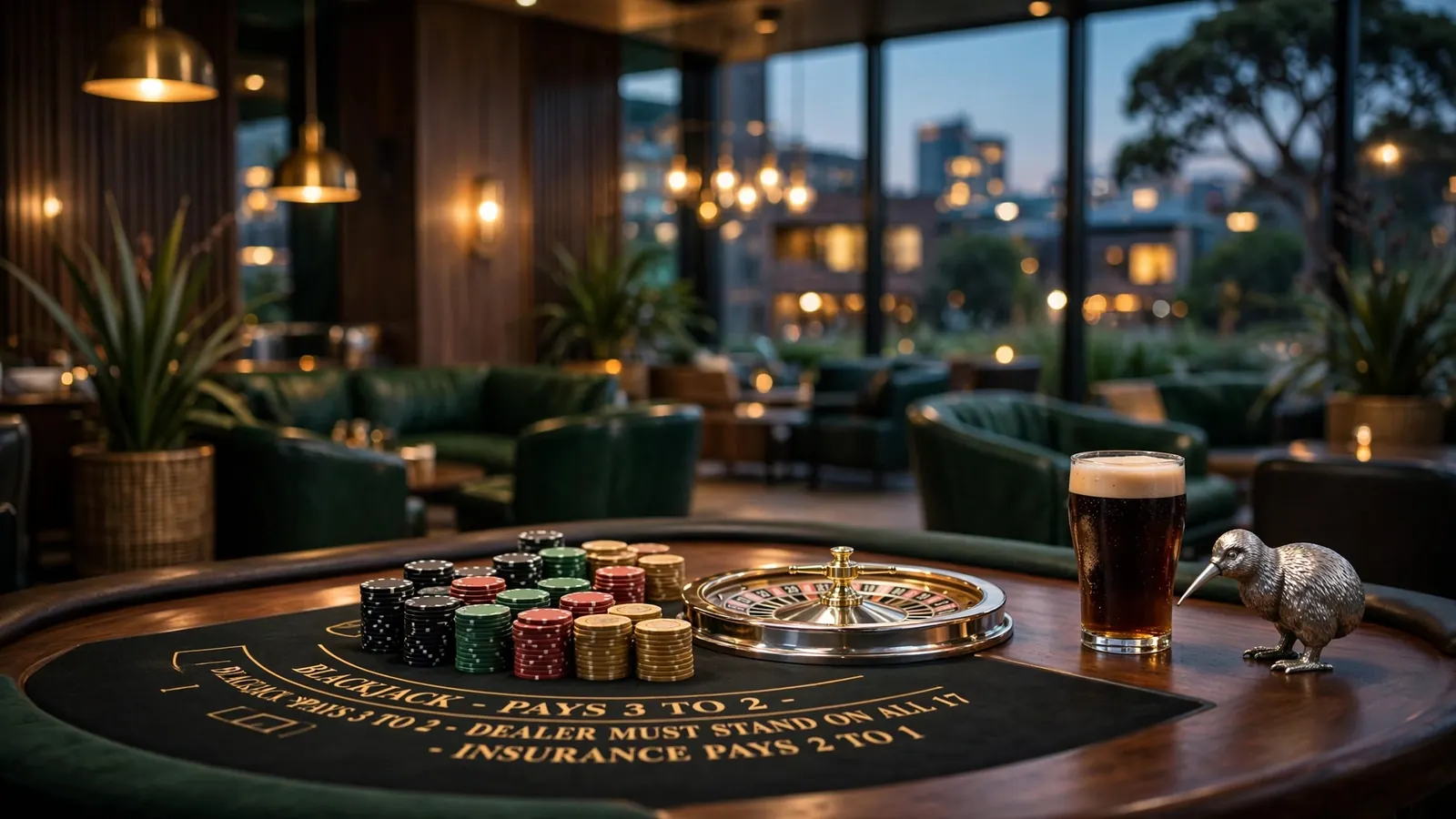 Elegant casino lounge interior with chips, roulette wheel, and a kiwi figurine on a table.
