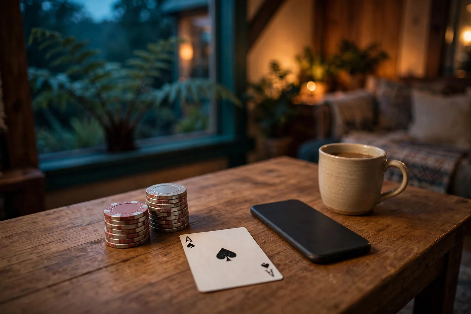 Casino chips, playing card, and smartphone on a New Zealand coffee table at dusk