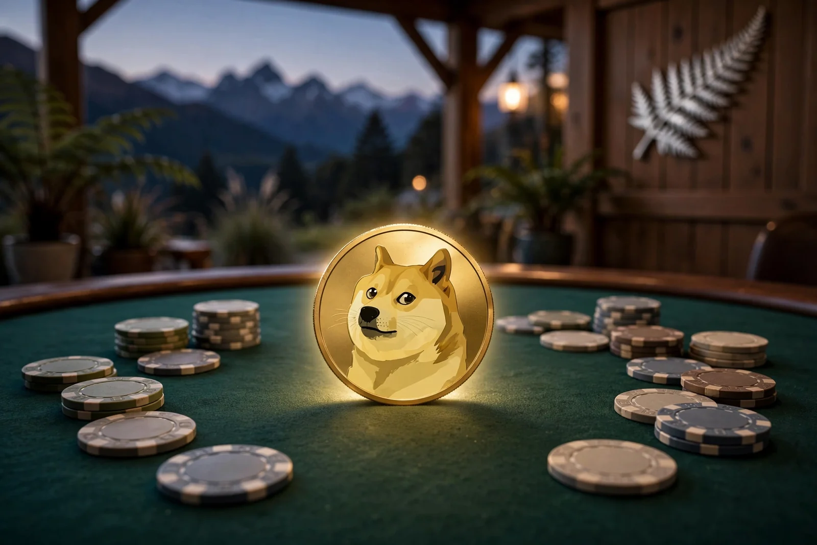 Glowing Dogecoin coin on a casino table with New Zealand scenery in the background.