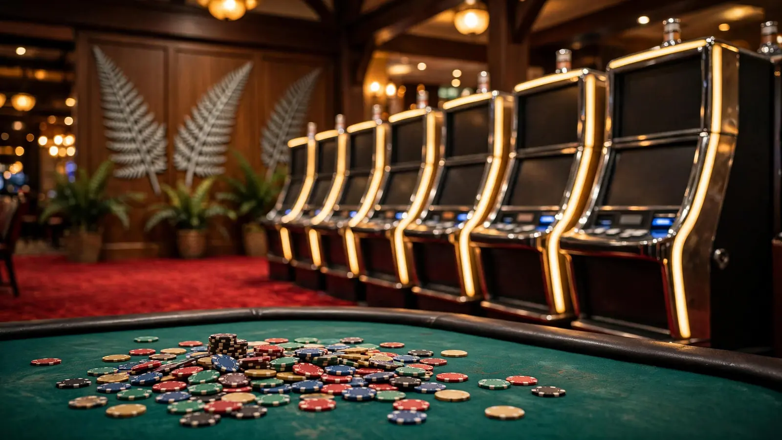 Elegant New Zealand casino interior with slot machines and chips