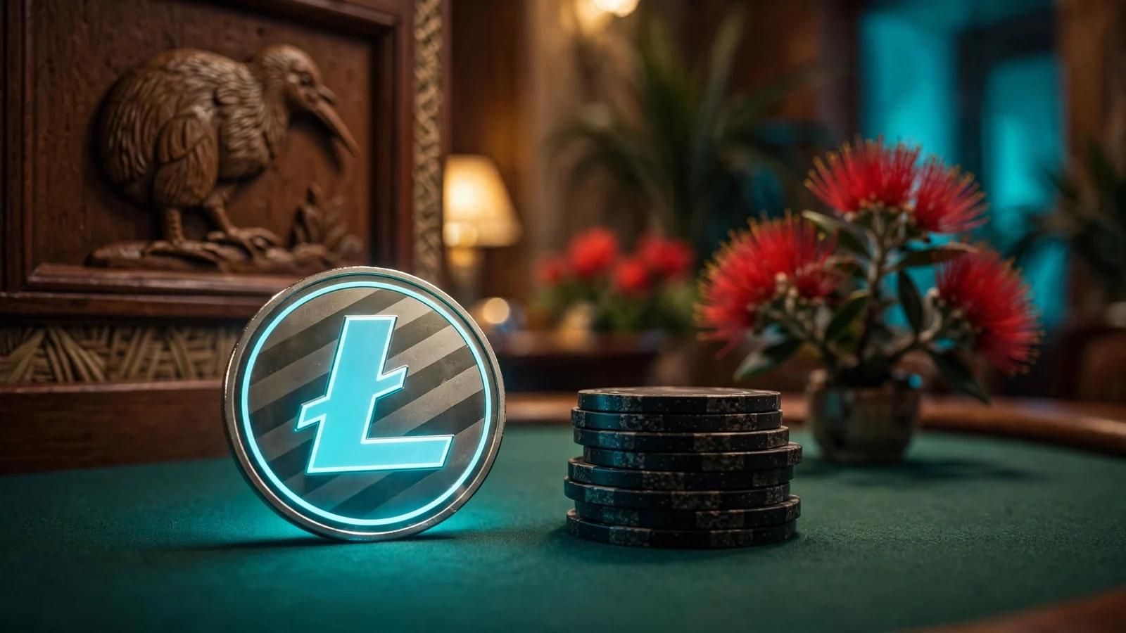 Litecoin coin with poker chips on casino table with New Zealand decor