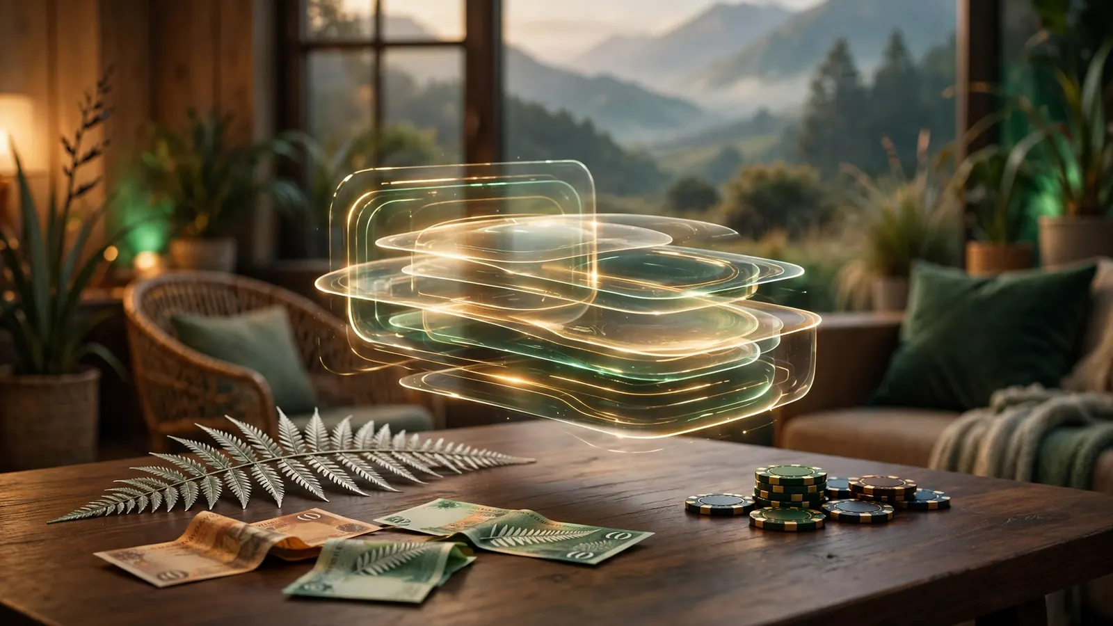 Digital NZD wallet with New Zealand currency, casino chips, and a silver fern on a table