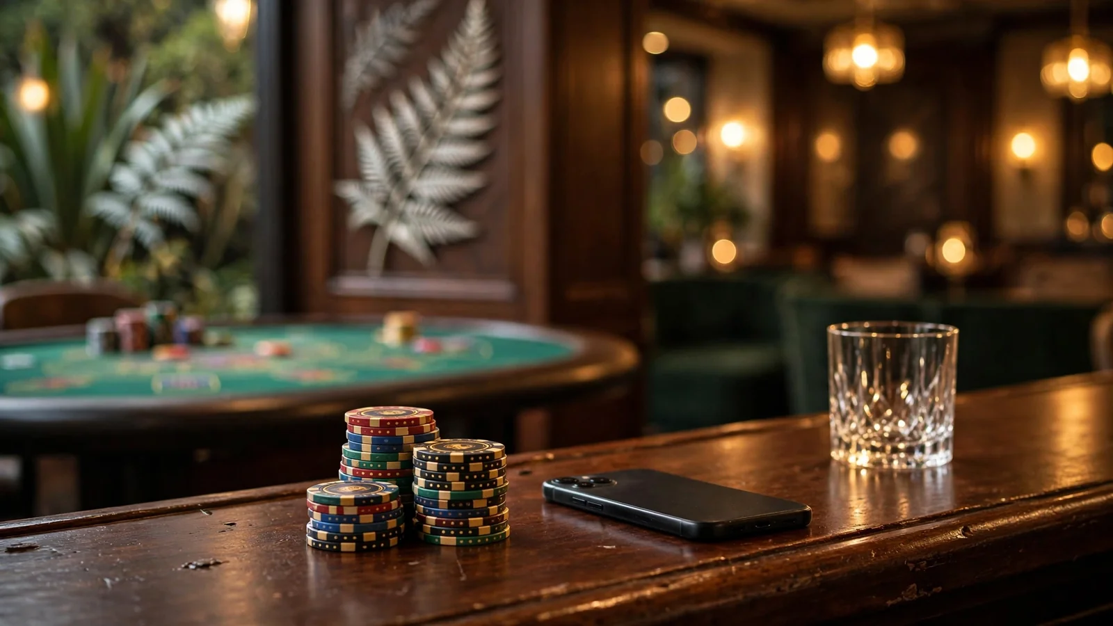 Casino lounge scene in New Zealand with chips on a bar counter and smartphone face-down