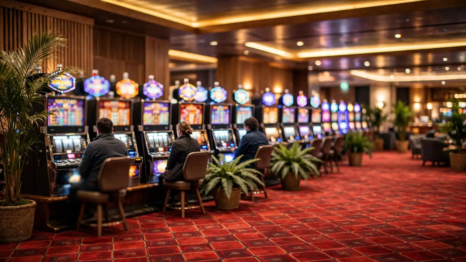 Interior of a modern New Zealand casino floor with rows of glowing slot machines