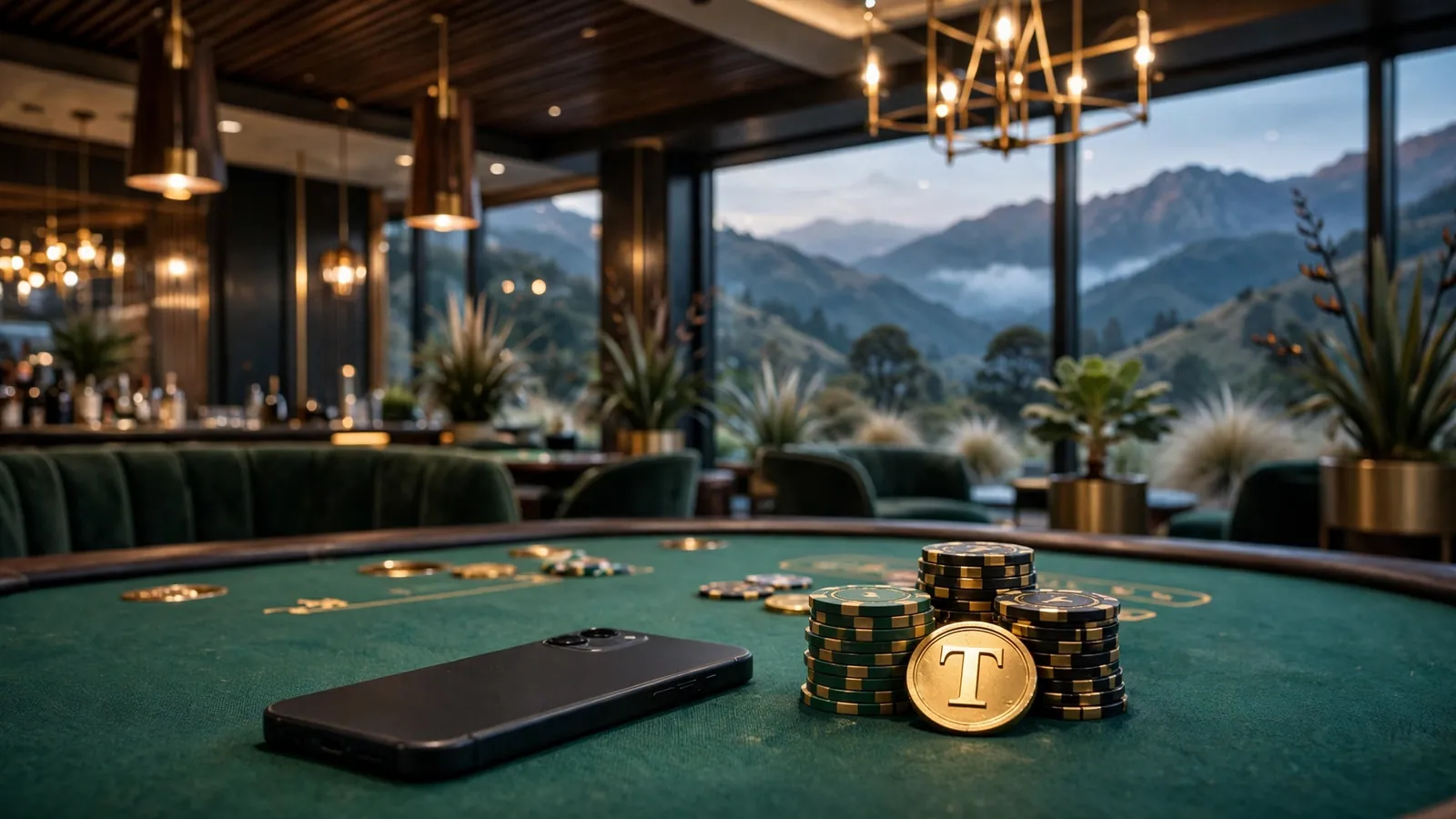 Casino chips, a smartphone, and a Tether coin on a green felt table in a New Zealand casino at twilight.
