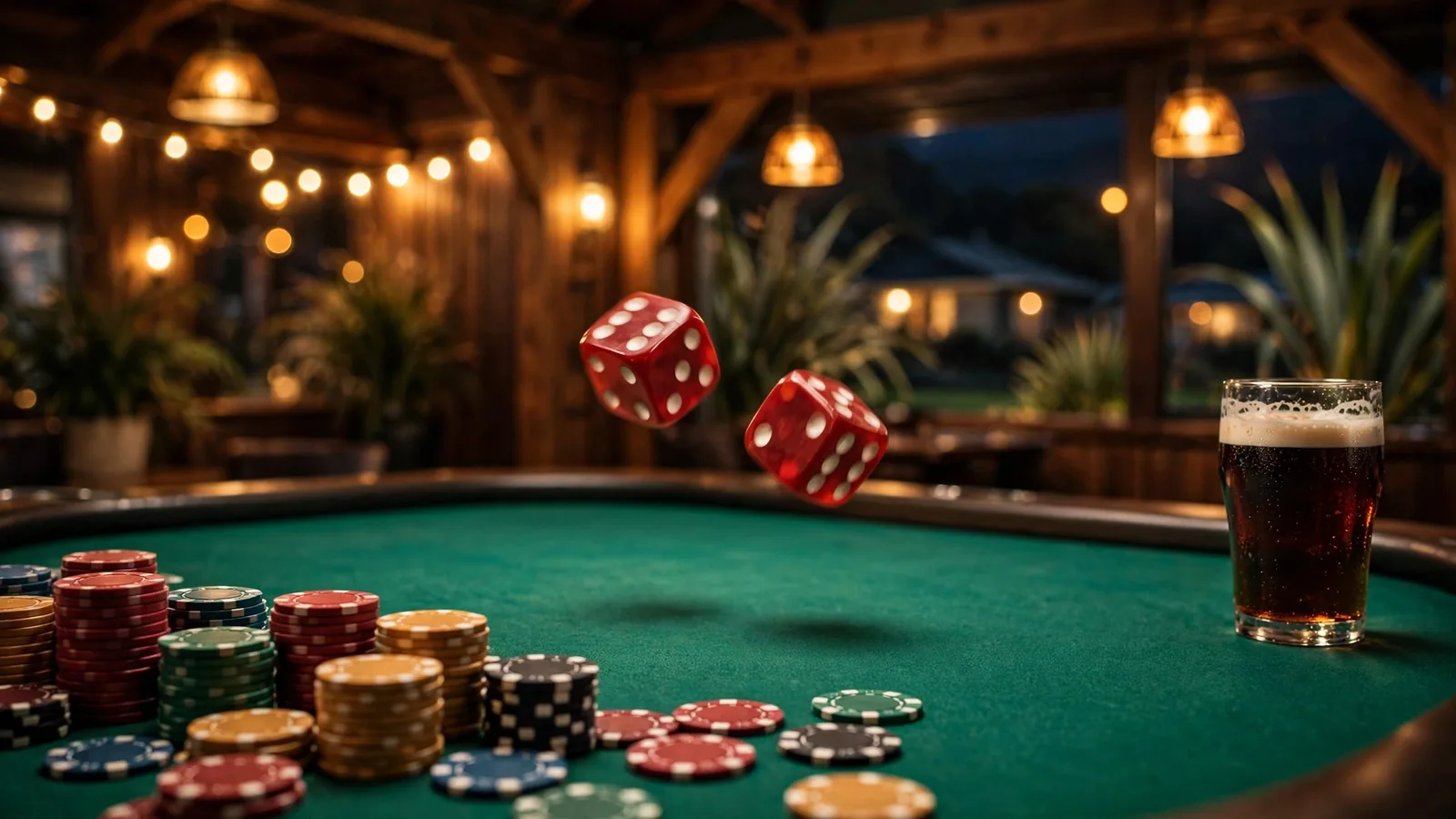 Red dice mid-roll above a green craps table with casino chips and golden bokeh lights