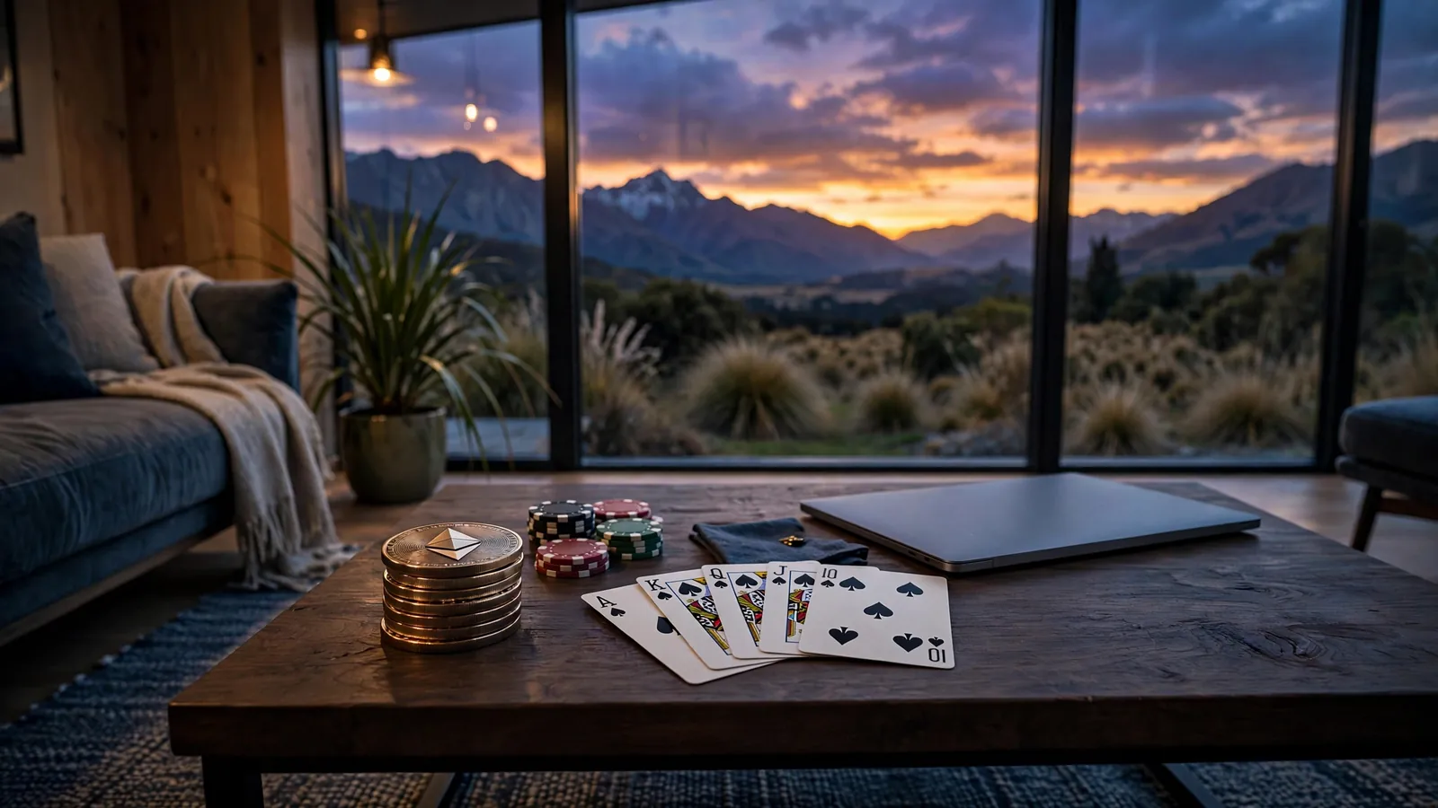 Ethereum coins, poker chips and cards on a New Zealand lounge table at sunset.