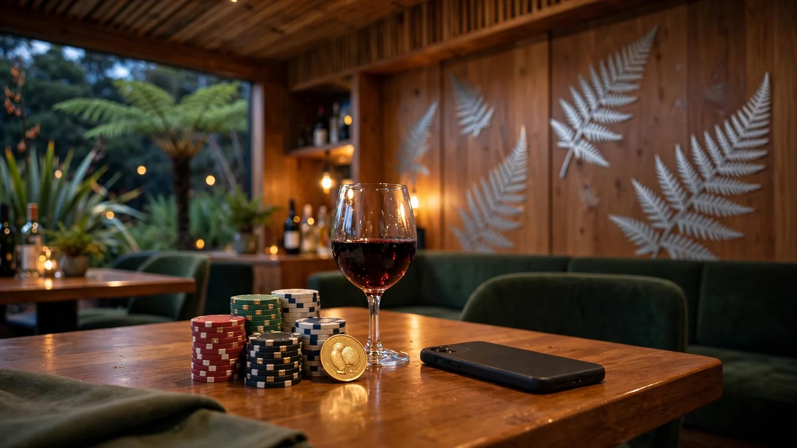 Casino table with chips and coin in a modern New Zealand-styled lounge