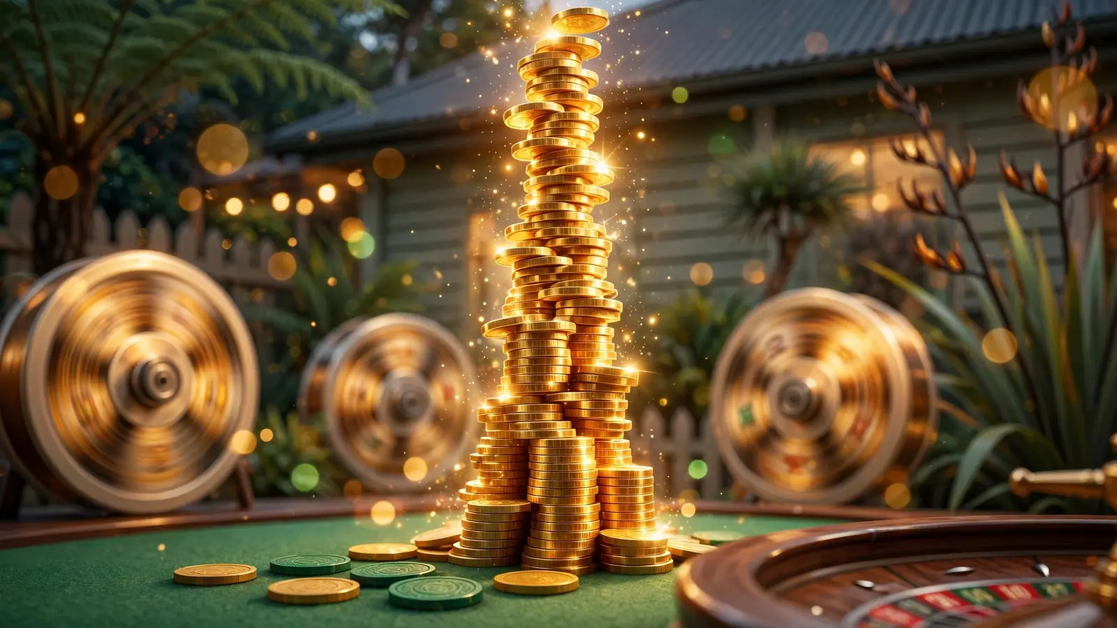 Glowing golden jackpot coins rising above blurred casino reels and chips