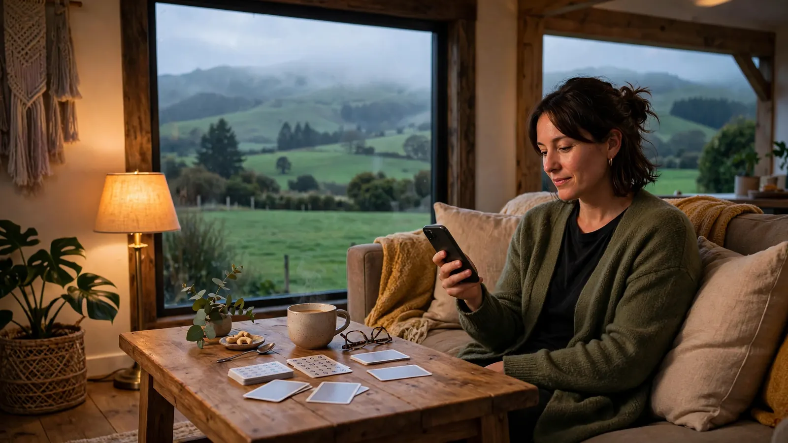 Person relaxing in a New Zealand home playing keno on a smartphone