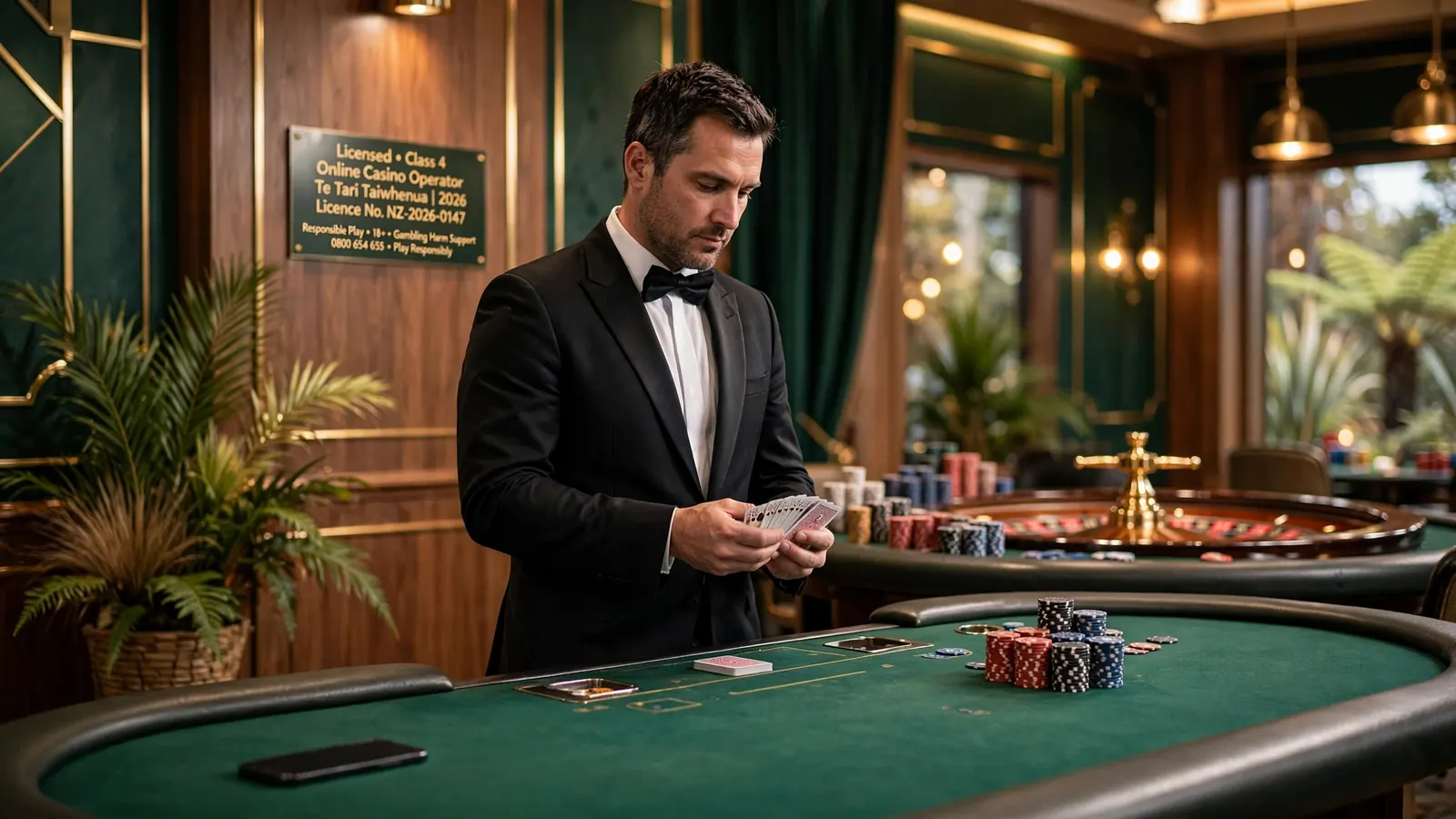 Professional croupier at an elegant live dealer casino table with roulette wheel and chips