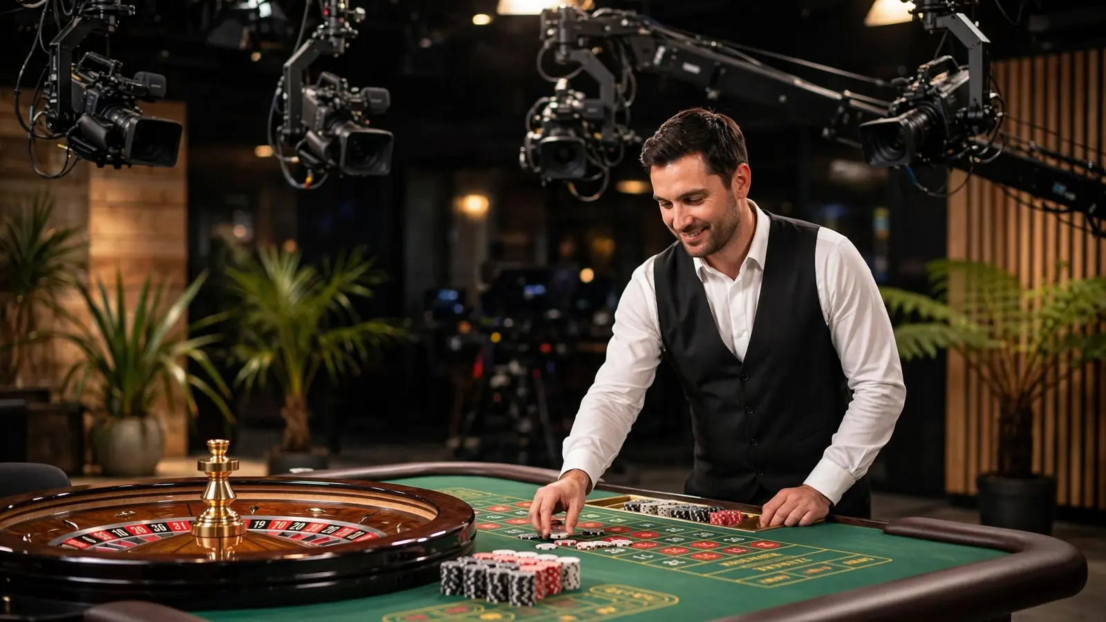Live dealer standing behind a roulette table in a professional broadcast studio