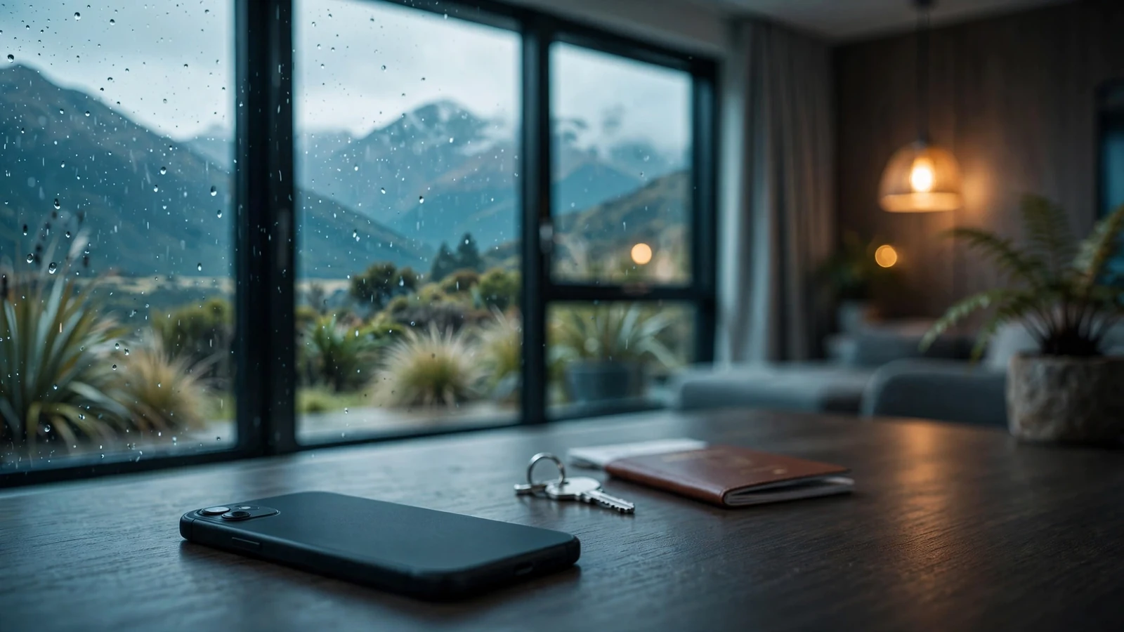 Smartphone face-down on a table with a key and document, New Zealand apartment setting