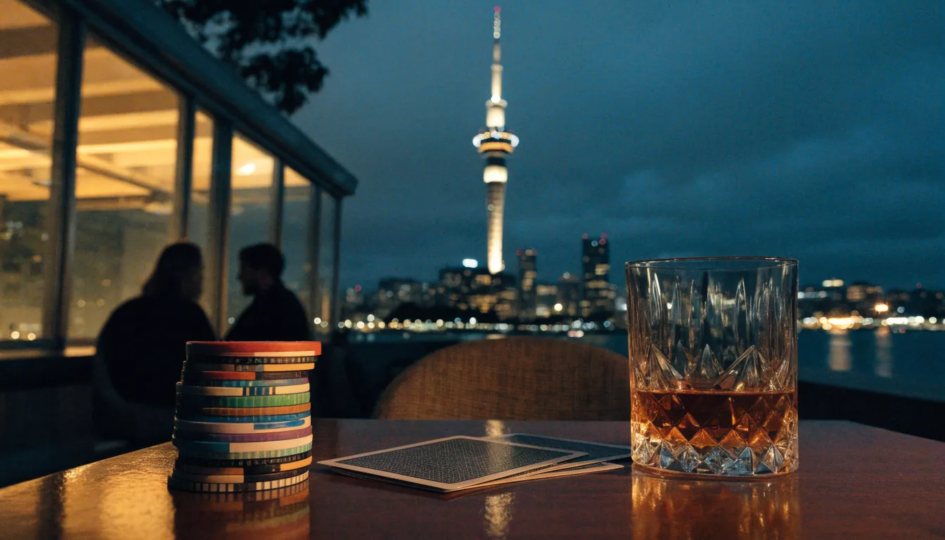 Rooftop lounge in Auckland with poker chips and cards on table overlooking Sky Tower at night.