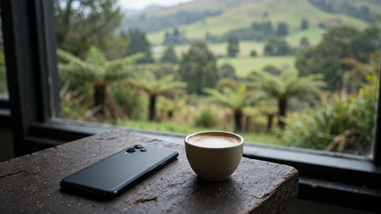 Android smartphone on a table with New Zealand scenery through the window