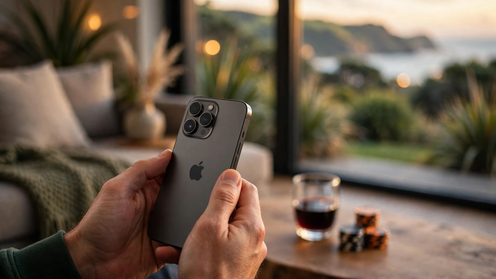 Hands holding an iPhone near poker chips in a New Zealand lounge.