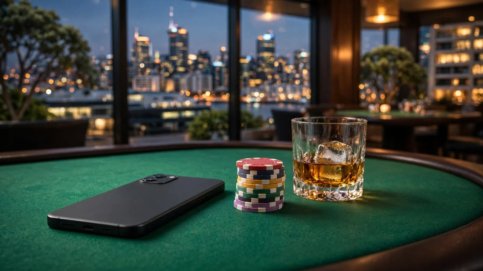 Smartphone face-down on a casino table with chips, Auckland skyline behind
