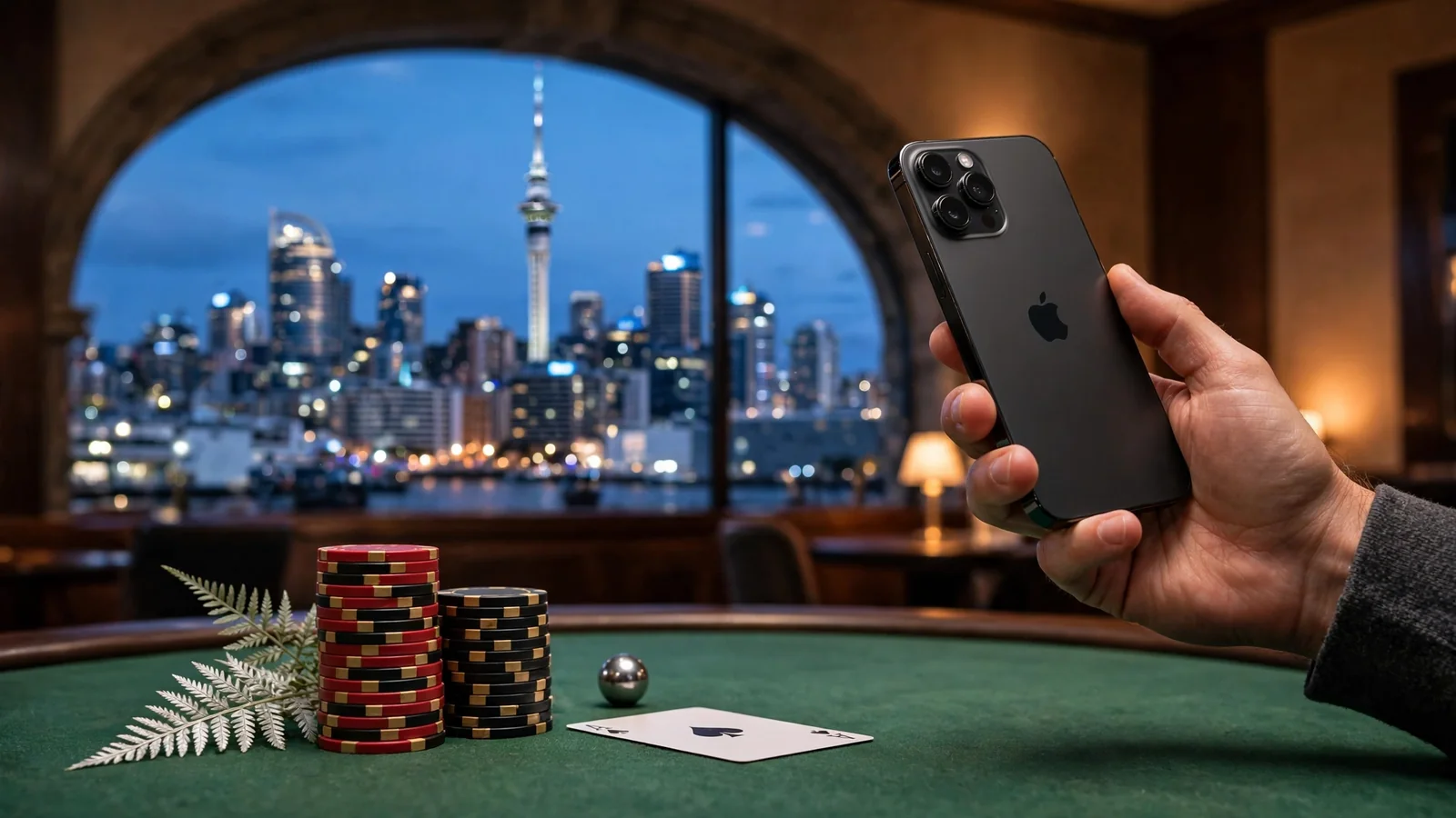 Hand holding iPhone over casino chips with Auckland skyline visible through window