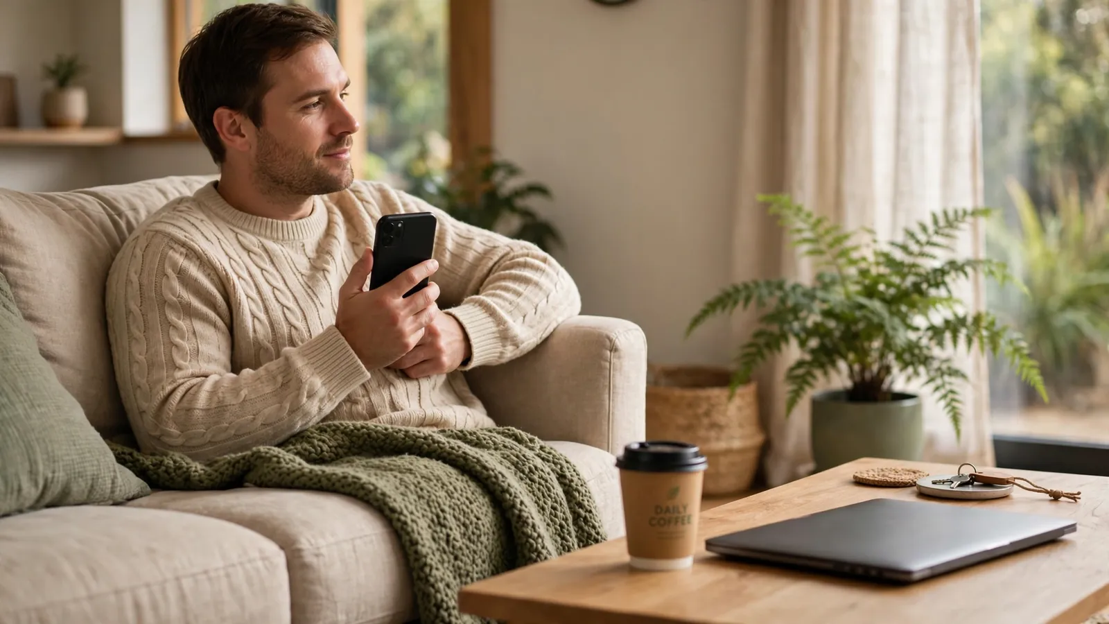 New Zealand adult relaxing at home with smartphone and laptop, suggesting online casino AstroPay payment method.