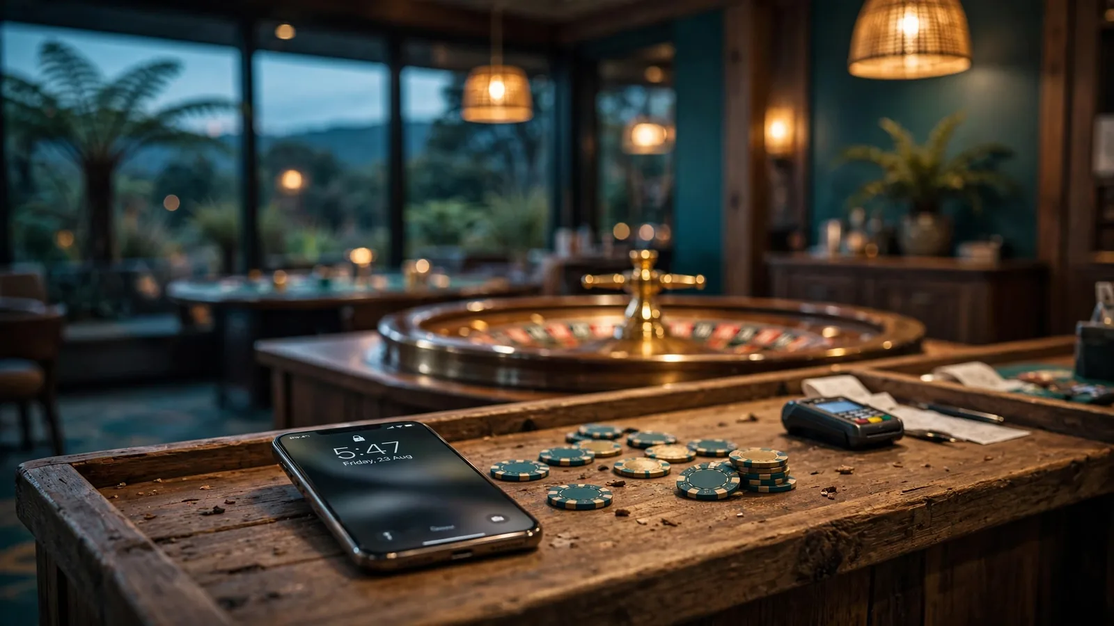 New Zealand casino cashier desk with smartphone and chips