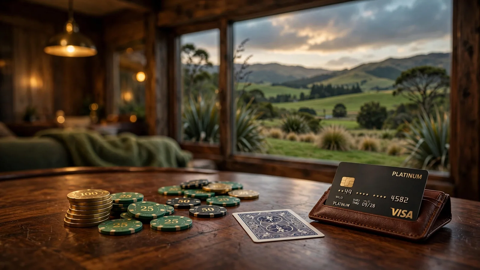 Casino table with poker chips, credit card, and New Zealand landscape in the background.