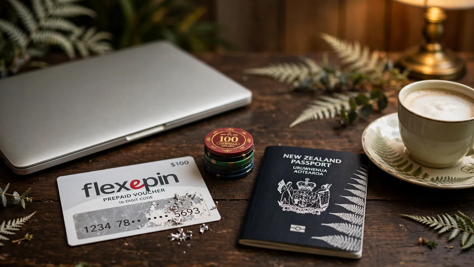 Flexepin voucher, casino chips, passport and coffee on a desk