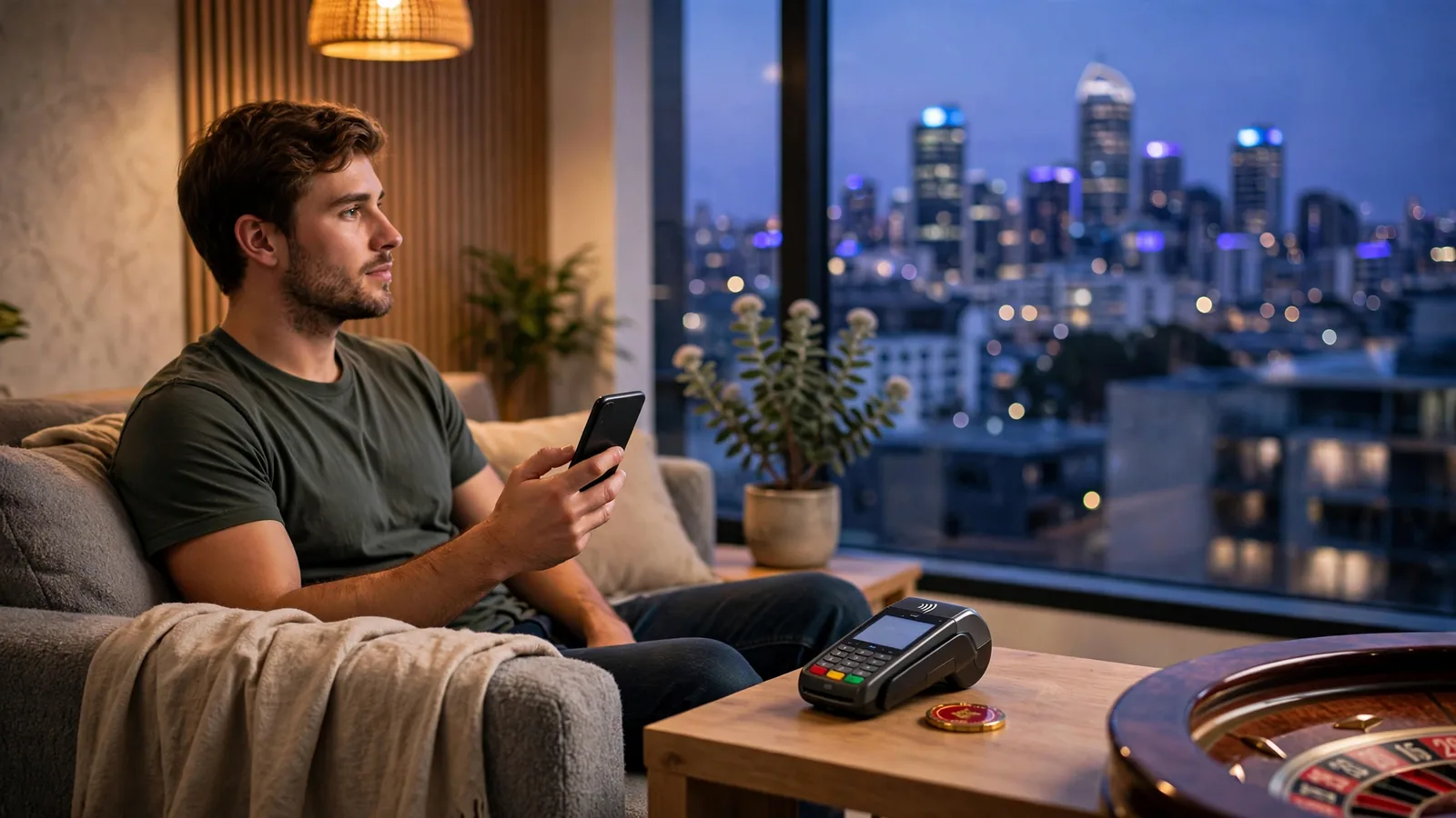 Person paying with smartphone near casino chip and roulette, New Zealand apartment