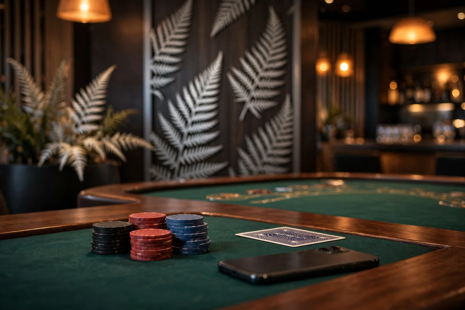 Casino table with chips, card and face-down phone in New Zealand setting