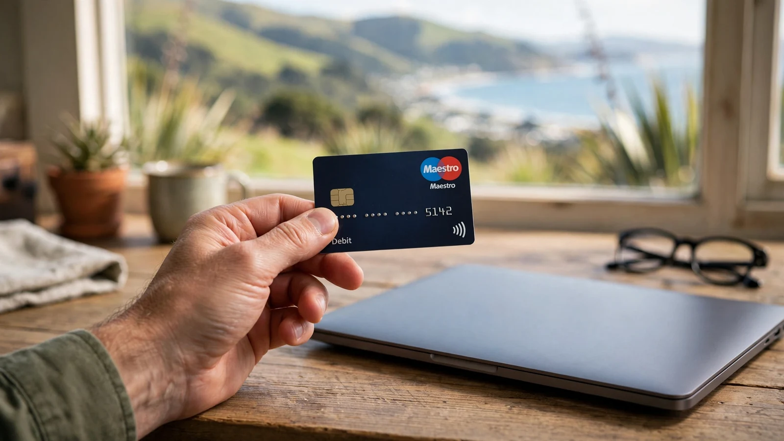 Hand holding a Maestro card near a laptop with New Zealand landscape in background.
