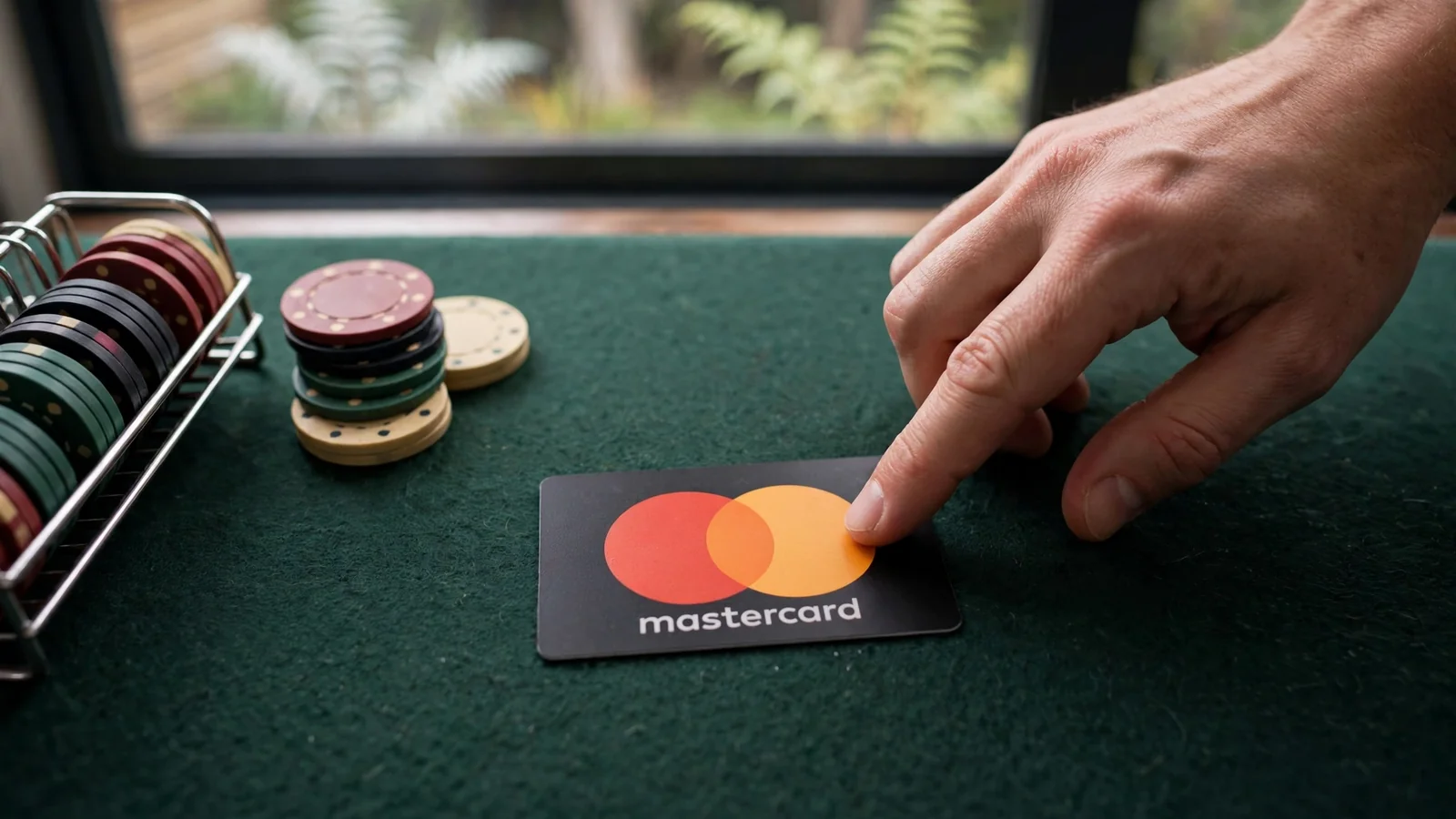 Mastercard credit card on a casino table with chips, New Zealand context