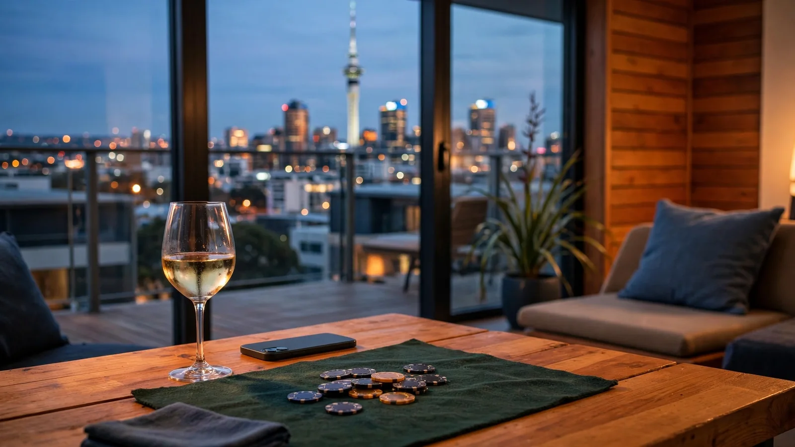 New Zealand apartment lounge at dusk with smartphone, wine, and casino chips on a table