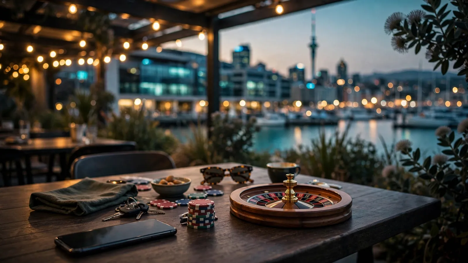 Smartphone on café table with poker chips and roulette wheel, Auckland skyline at dusk