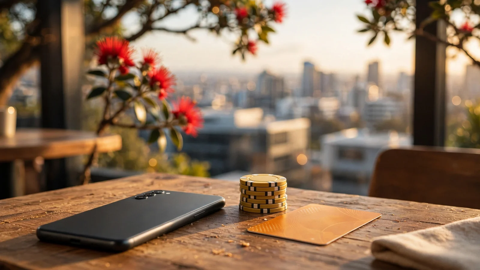 Smartphone with casino chips and a prepaid voucher on a New Zealand café table